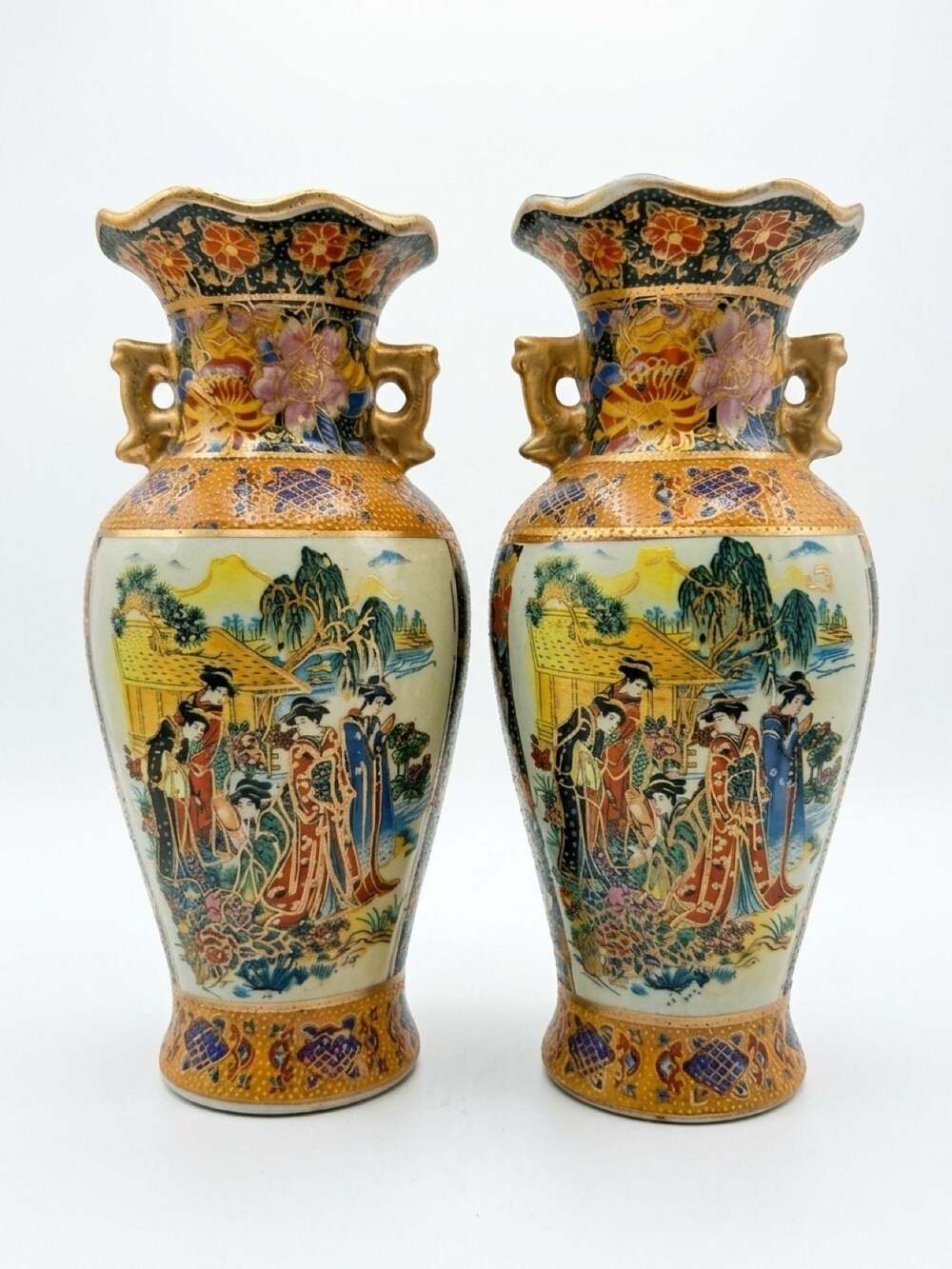 2 Japanese Women in the Garden, Painted Porcelain Vases